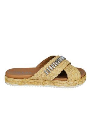 Prada Crystal Embellished Raffia Platform Slide Sandals